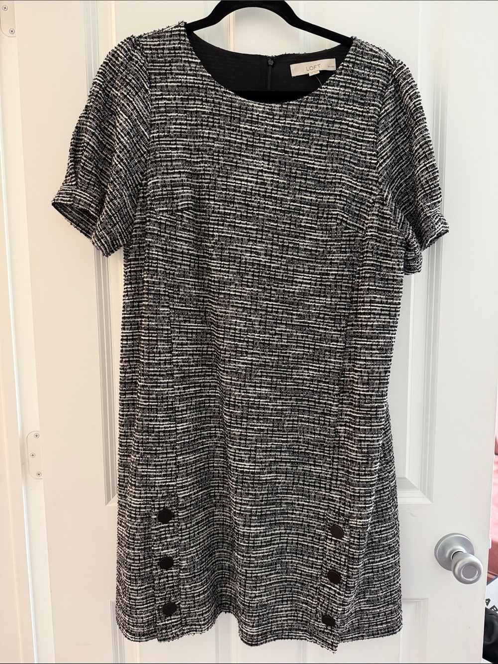 LOFT black and white bouclé tweed short-sleeve shift dress
